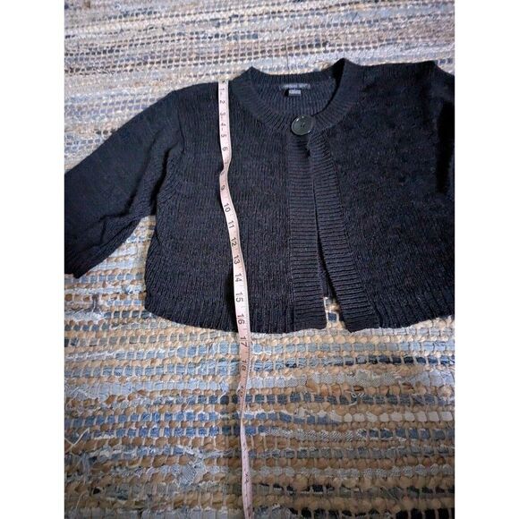 August Silk L Black 3/4 Sleeve Open Knit Bolero Sweater Shawl One Button Croppe - Picture 4 of 6